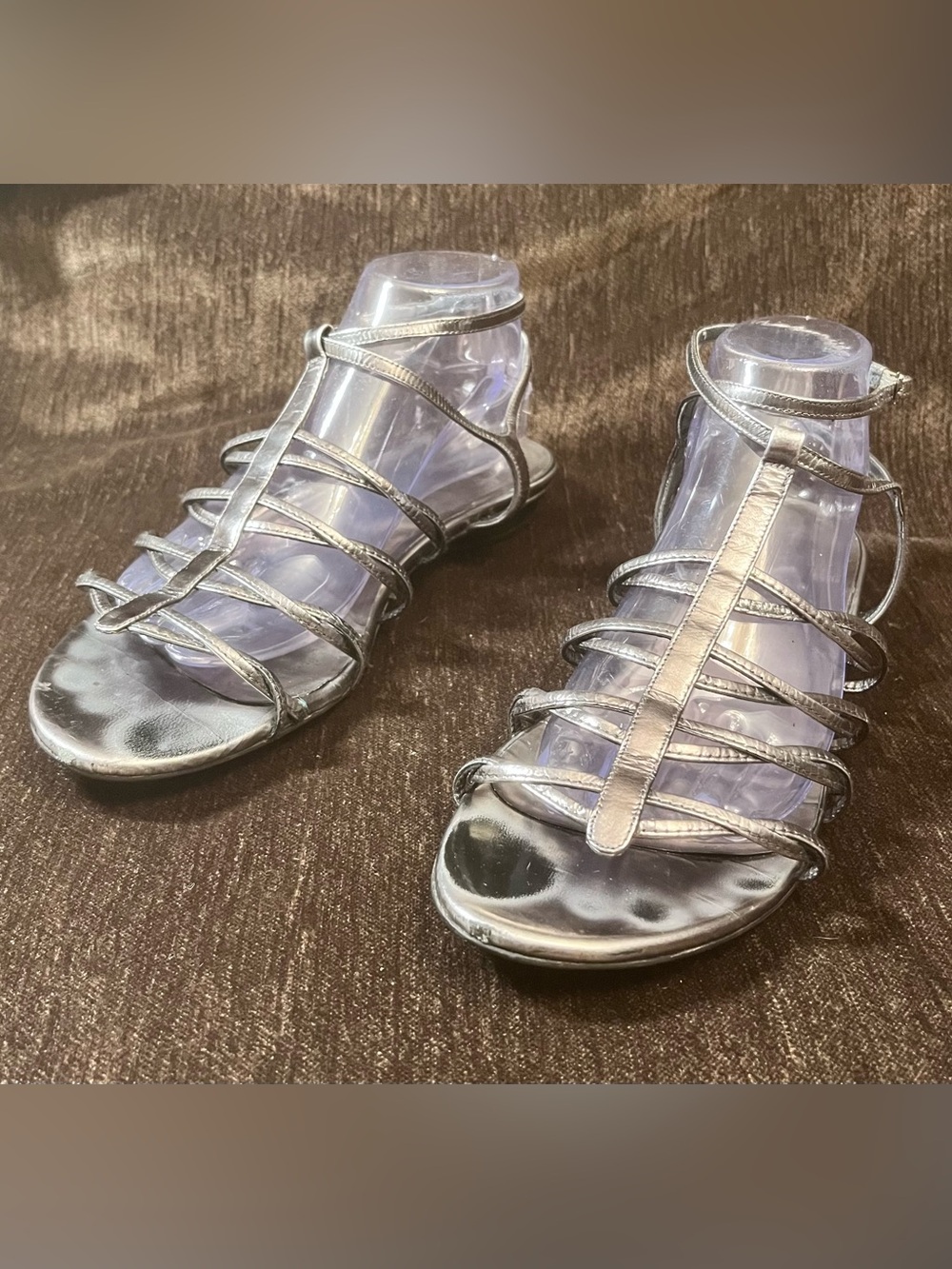 Stuart Weitzman Women's Strappy Metallic Silver Sandals Slides